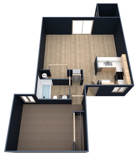 A black and wood floor plan of a house with a staircase.